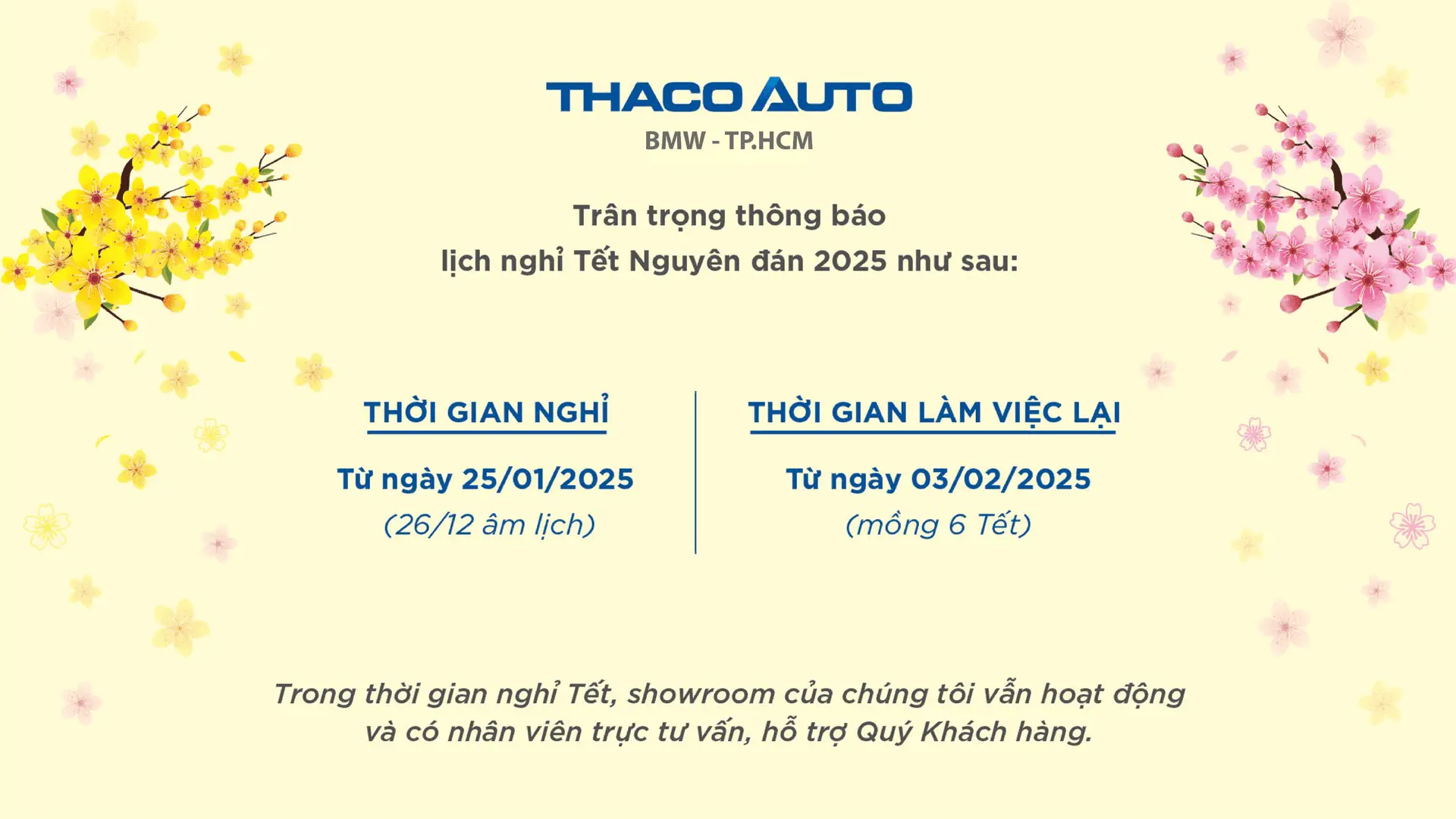 THÔNG BÁO LỊCH LÀM VIỆC TẠI THACO AUTO BMW - TP.HCM DỊP XUÂN ẤT TỴ 2025